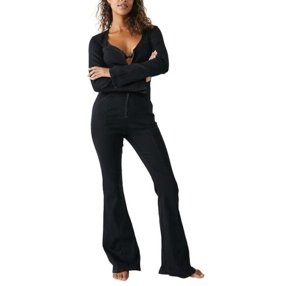 Free People Karly Jumpsuit Night Rider MD Long Sleeve Open Back Flare Leg Denim - Picture 1 of 14